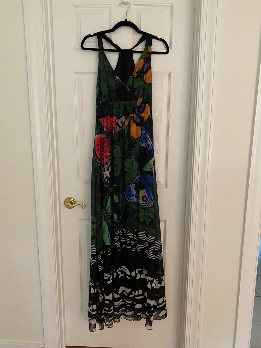 Desigual Black Maxi Dress with Green, Blue & Yellow Butterfly Print